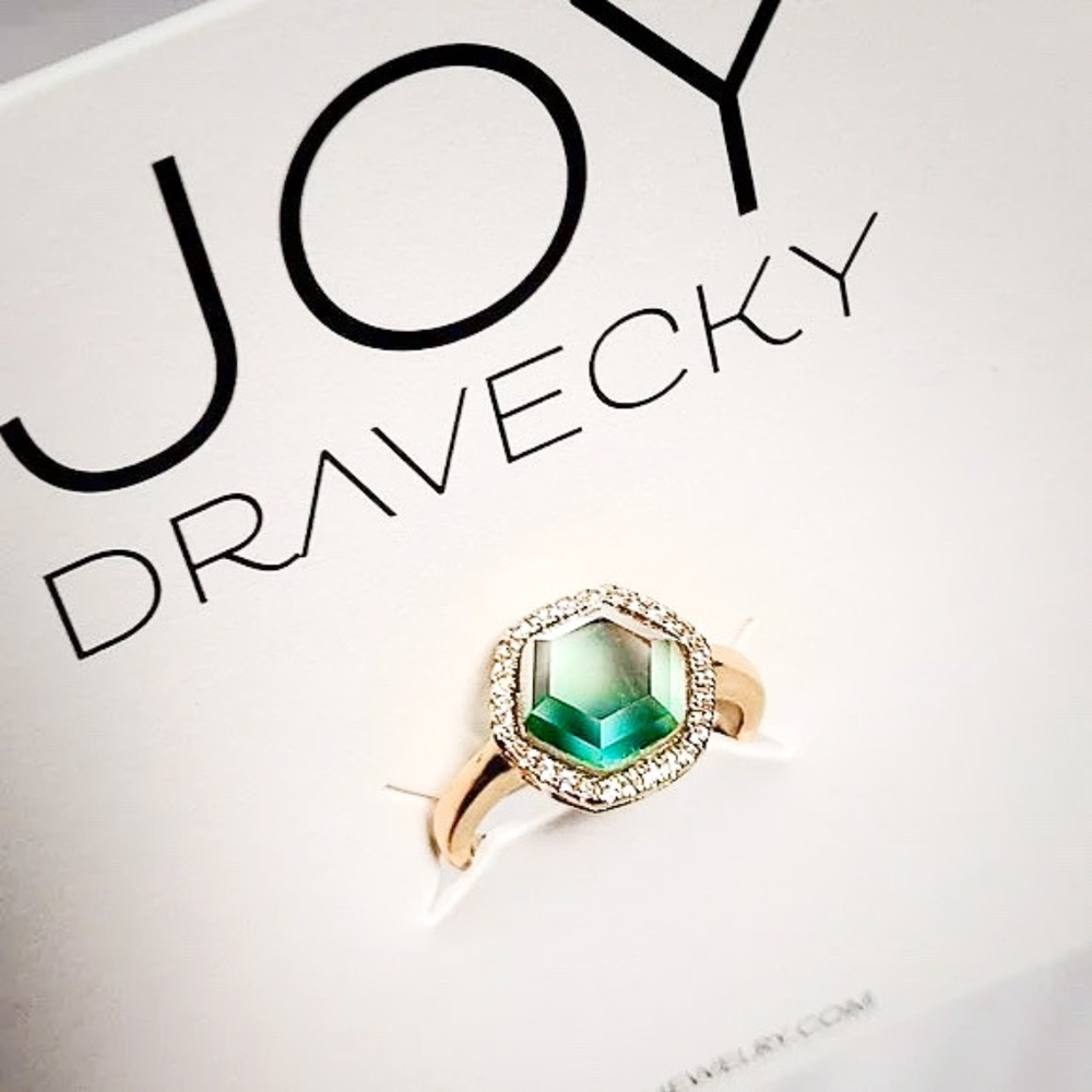 Ombre Aquamarine 14K Gold Ring With Hexagonal Stone Surrounded By Pave CZ's